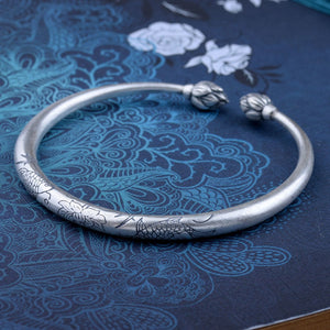 Real 925 Sterling Silver Vintage Ethnic Lotus Bud Fish Pond Bangle Bracelet Jewelry Gift for Woman Girl