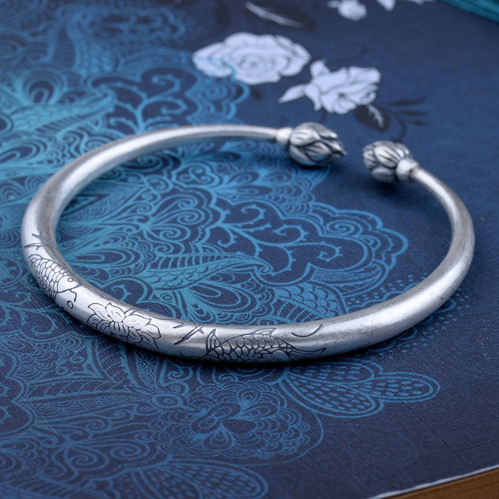 Real 925 Sterling Silver Vintage Ethnic Lotus Bud Fish Pond Bangle Bracelet Jewelry Gift for Woman Girl