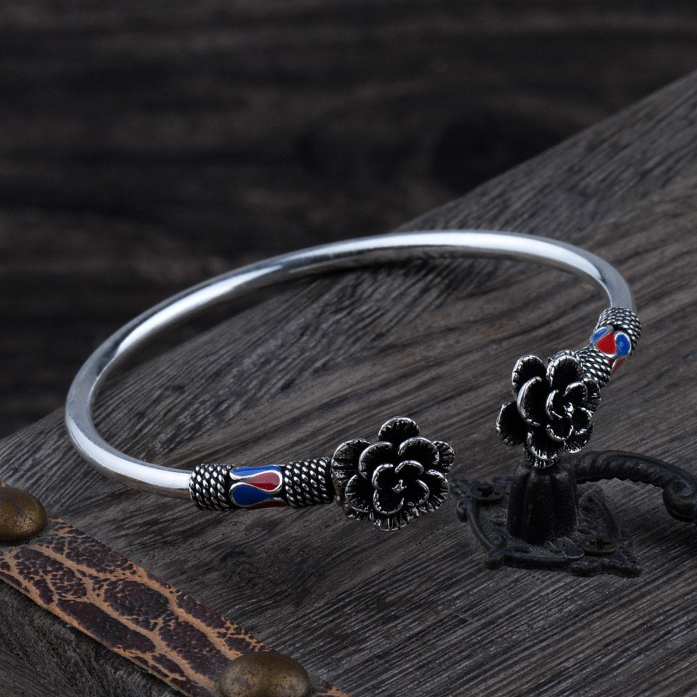 Real 925 Sterling Silver Vintage Ethnic Rose Flower Bangle Bracelet Jewelry Gift for Woman Girl