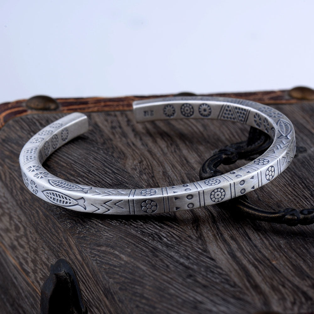 Real 925 Sterling Silver Vintage Ethnic Tribal Fish Flower Pattern Bangle Bracelet Jewelry Gift for Woman Girl
