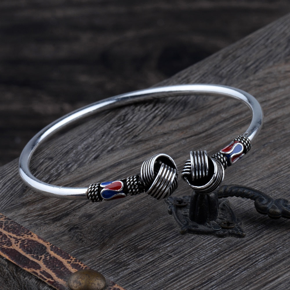 Real 925 Sterling Silver Vintage Ethnic Twisted Ball Of Yarn Bangle Bracelet Jewelry Gift for Woman Girl