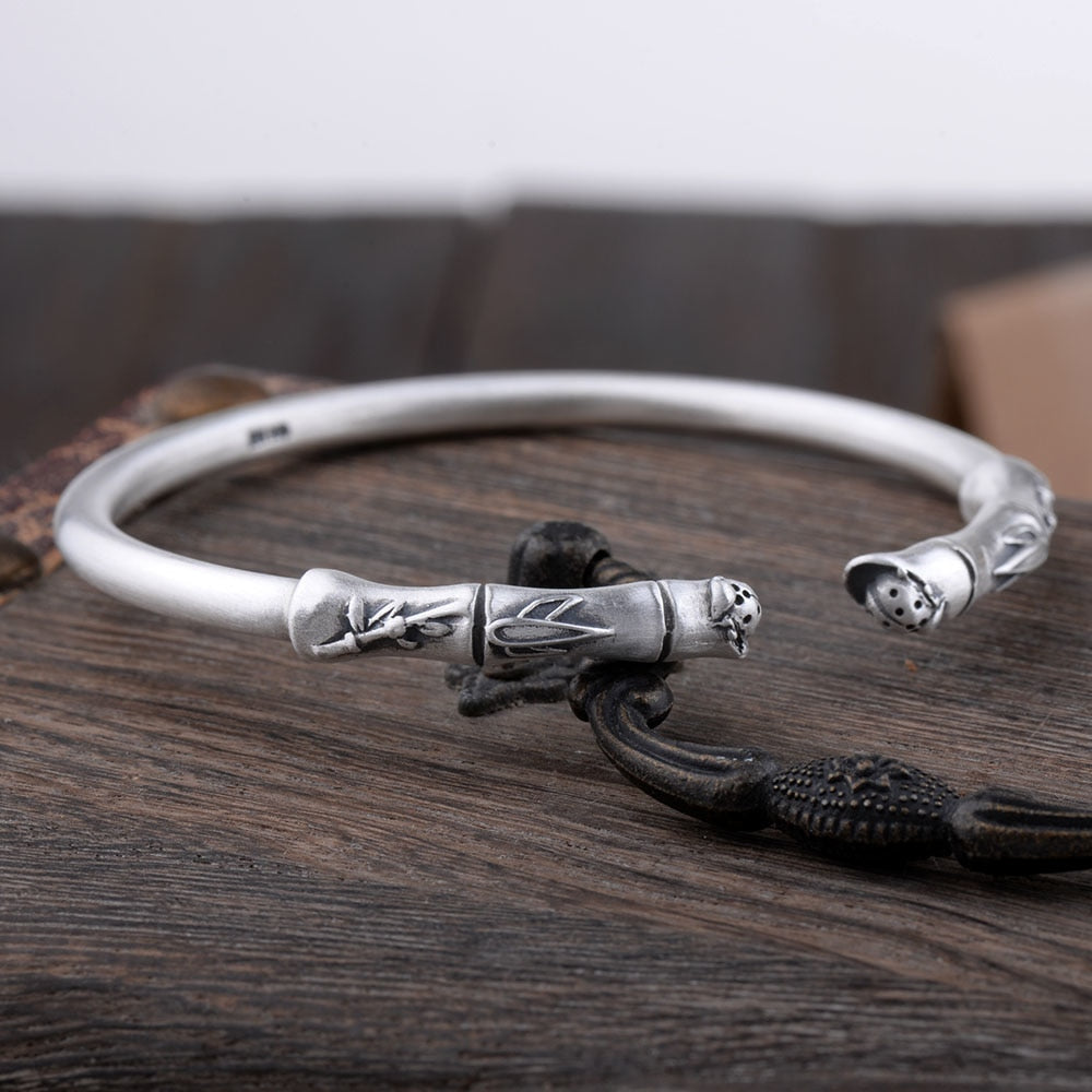 Real 999 Fine Silver Vintage Ethnic Chinoiserie Banboo Bangle Bracelet Jewelry Gift for Woman Girl