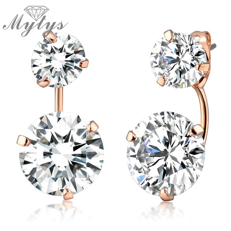 Double Sided Front Back Stud Crystal Earrings Rose Gold 2 Wear Style Earrings for Women E678