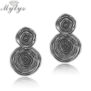 Thai Silver Double Round Dangle Earrings Black Circle Pattern Geometric Drop Earrings for Women Statement Jewelry CE454