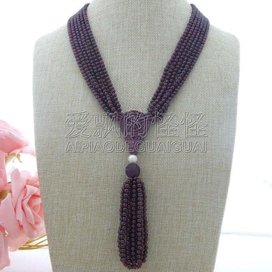 N011706 20''-22'' 6 Strands White Pearl Round Garnet Necklace CZ Pendant
