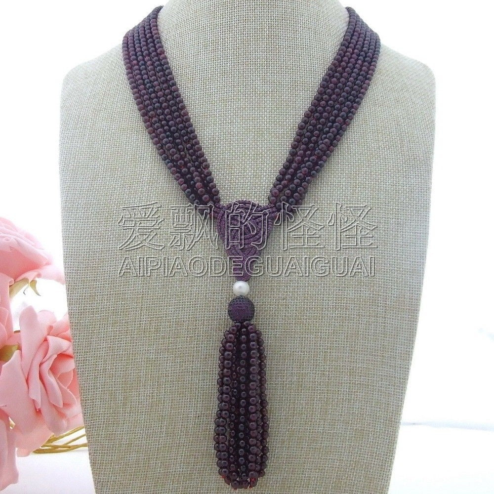 N011706 20''-22'' 6 Strands White Pearl Round Garnet Necklace CZ Pendant