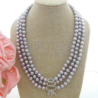 N041308 3Strands 20''-22 Pearl Necklace CZ Pendant