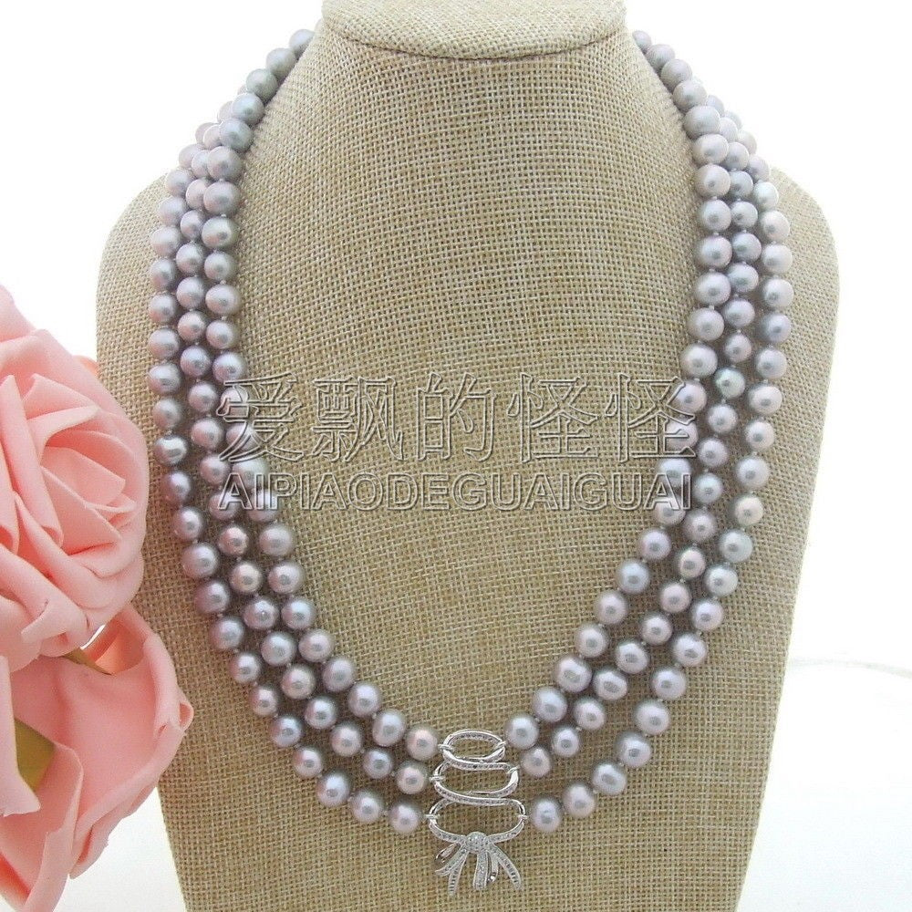 N041308 3Strands 20''-22 Pearl Necklace CZ Pendant