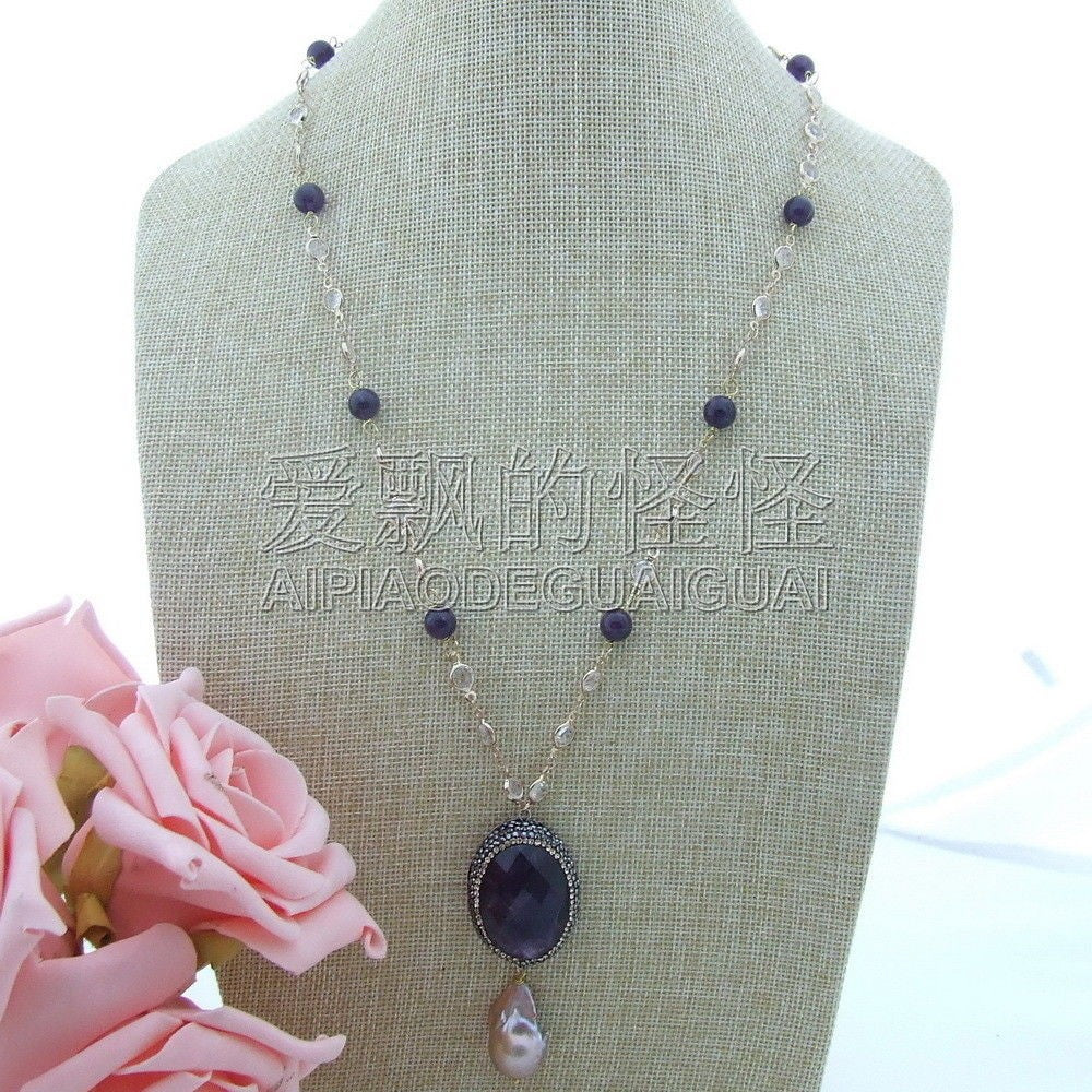 N072910 24'' Necklace Purple Crystal Keshi Pearl Pendant