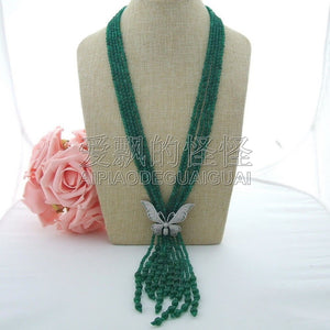 N080803 40 5 Strands Round Green Stone Necklace CZ Pendant