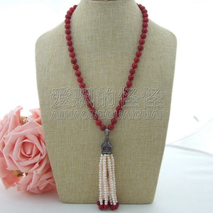 N080907 22'' Coral White Pearl CZ Necklace Pendant