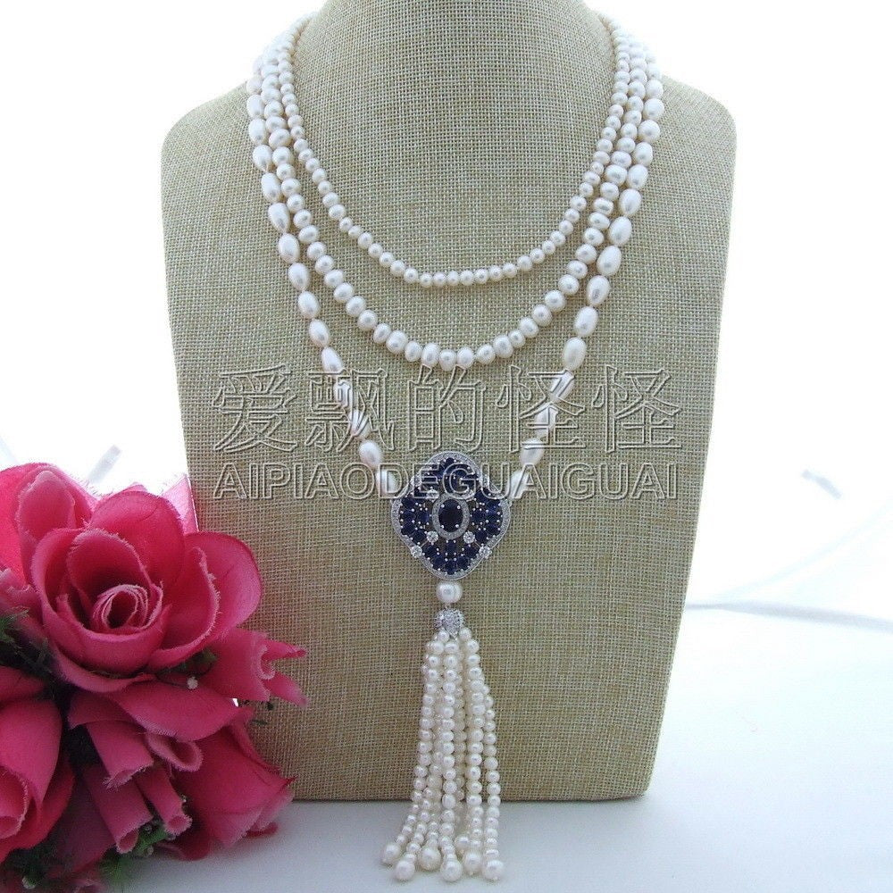 N101609 18 3 Strands White Pearl Necklace CZ Pendant