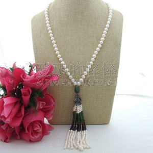 N101903 24'' White Round Pearl Garnet Necklace CZ Pendant