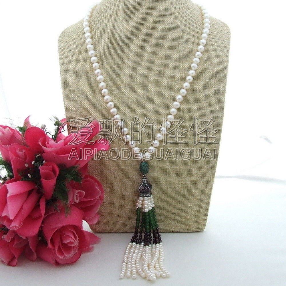 N101903 24'' White Round Pearl Garnet Necklace CZ Pendant