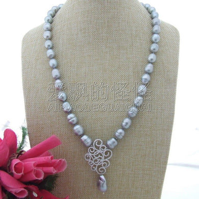 N111511 24''Grey Rice Pearl Keshi Pearl Necklace CZ Pendants