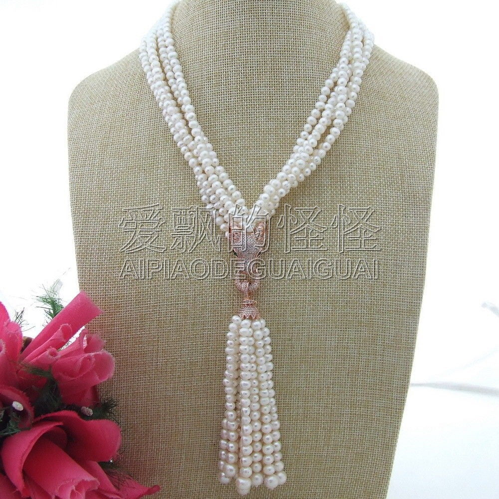 N111804 19 5 Strands White Round Pearl Necklace CZ Pendant