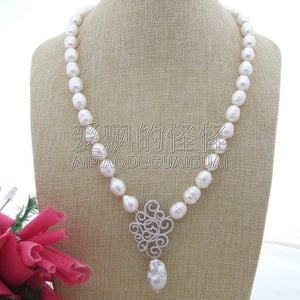 N112012 24'' 15x25MM White Keshi Pearl Necklace CZ Pendant