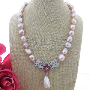 N112407 19'' Keshi Pearl Purple Baroque Pearl CZ Pendant Necklace