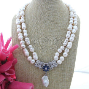 N113011 20 2Strands 10x17MM White Twins Pearl Necklace CZ Pendant