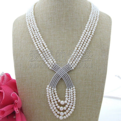 N120102 20-224 Strands White Round Pearl Necklace CZ Pendant