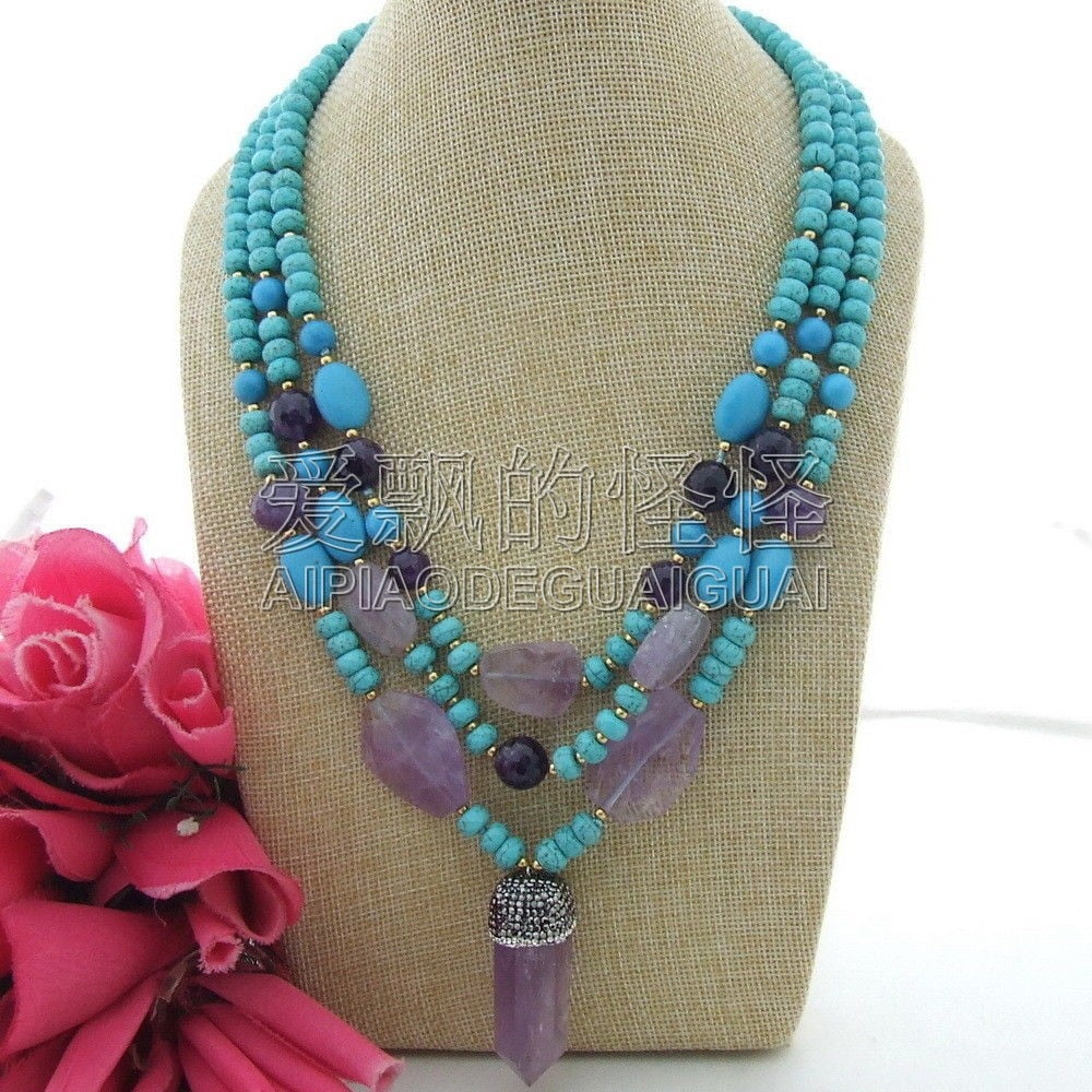 N120409 20 3 Strands Blue Stone & Purple Crystal Pendant Necklace