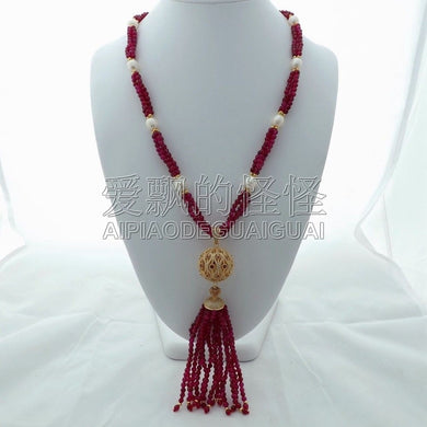 N121002 35 Fuchsia Onyx White Pearl Necklace CZ Pendant