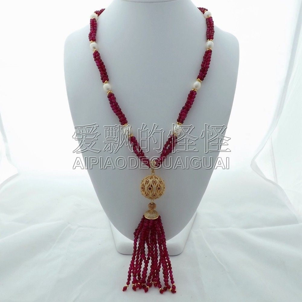N121002 35 Fuchsia Onyx White Pearl Necklace CZ Pendant