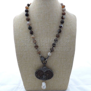 N121003 23 Onyx Hematite Necklace Keshi Pearl Ammonite Fossil Pendant