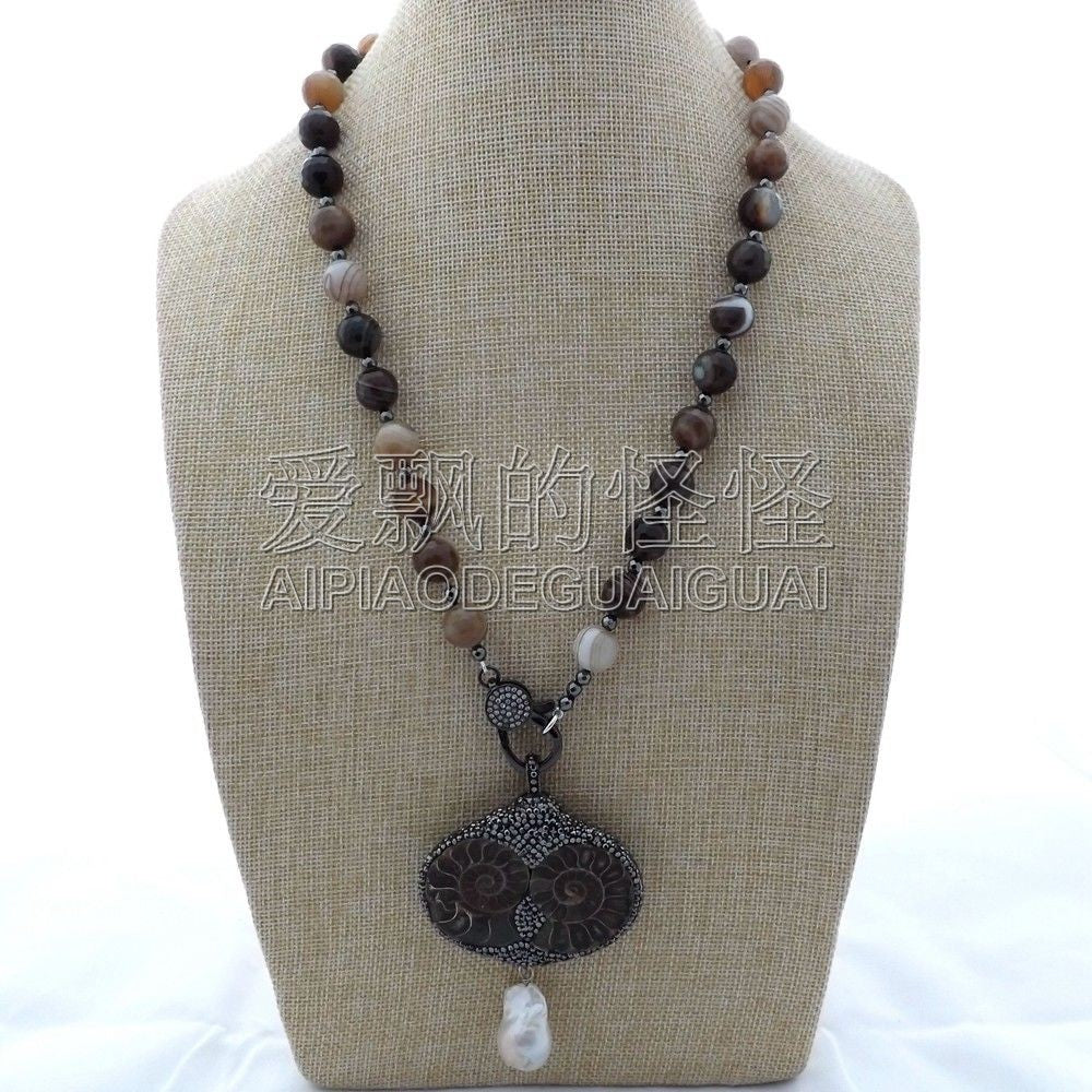 N121003 23 Onyx Hematite Necklace Keshi Pearl Ammonite Fossil Pendant