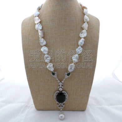 N121007 25 White Keshi Pearl Necklace CZ Pendant