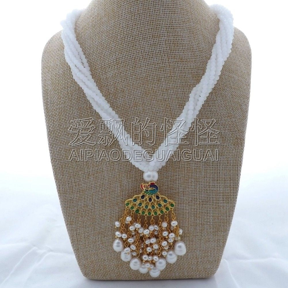 N121008 20 6 Strands White Crystal Necklace Pearl Pendant
