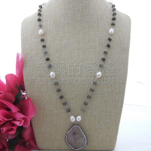 N121104 28 Labradorite White Rice Pearl Necklace Montana Onyx Pendant