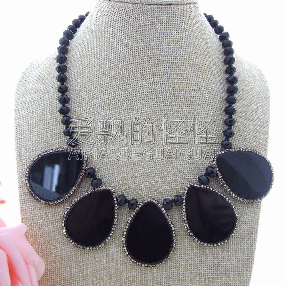 N123006 18'' 33x44mm Top-Drilled Onyx Rondelle Crystal Necklace