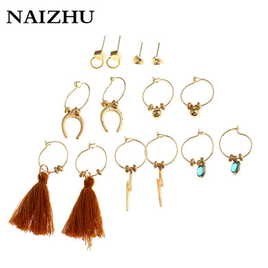 Bohemian Fashion 7 pairs Week mixed stud earrings sets Gold Color Taseel lightning crystal earring set for women jewelry
