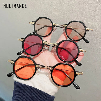 Retro Polygon Small Round Women Sunglasses Orange Champagne Shades UV400 Men Clear Anti-Blu-Ray Square Metal Frame
