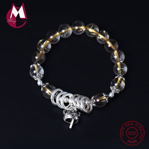 NEW S925 Sterling Silver Bracelet For Women Natural Crystal Beads Bracelets & Bangles Tassel Bells Female Wristband Jewelry YB33