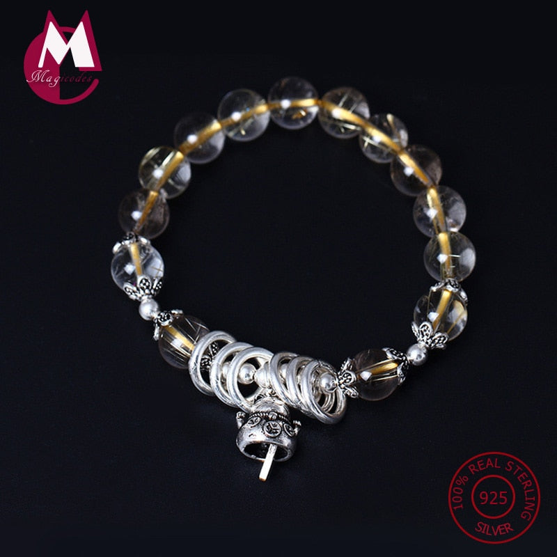 NEW S925 Sterling Silver Bracelet For Women Natural Crystal Beads Bracelets & Bangles Tassel Bells Female Wristband Jewelry YB33