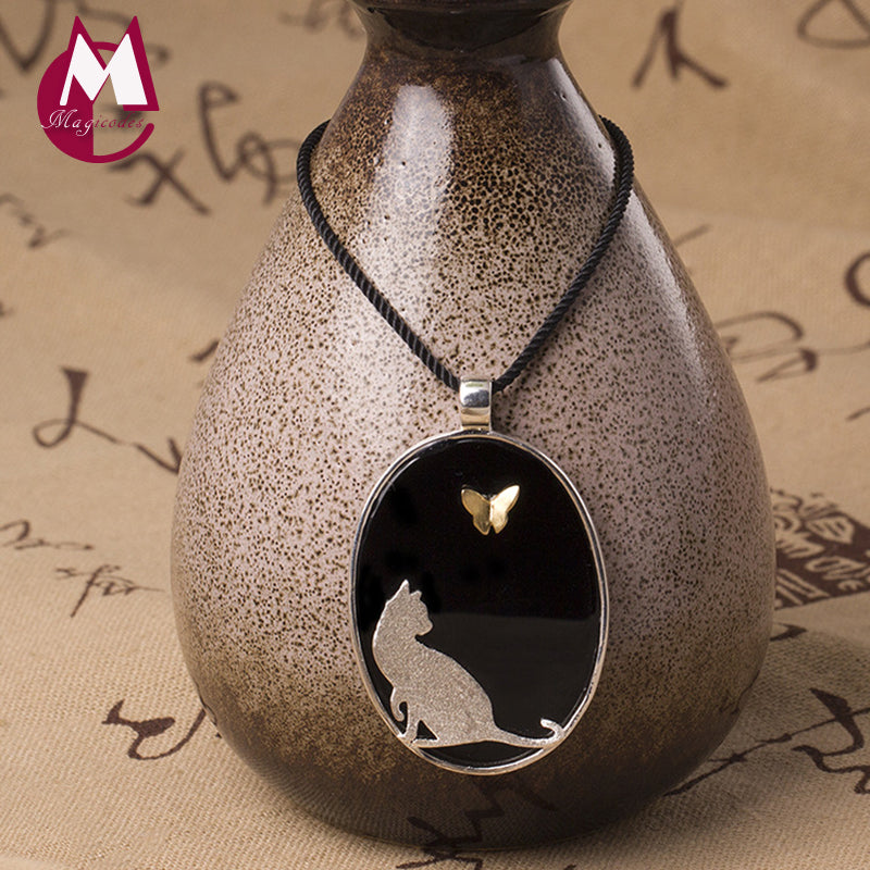 NEW S925 Sterling Silver Necklaces & Pendant For Women Natural Agate Pendant Cute Cat Design Butterfly Necklace Jewellery YN52