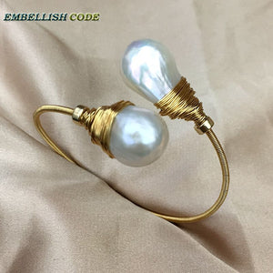 NEW simple Design gold with pearl hand make two baroque pearls bangle bracelet Designer pieces