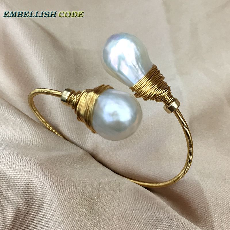 NEW simple Design gold with pearl hand make two baroque pearls bangle bracelet Designer pieces