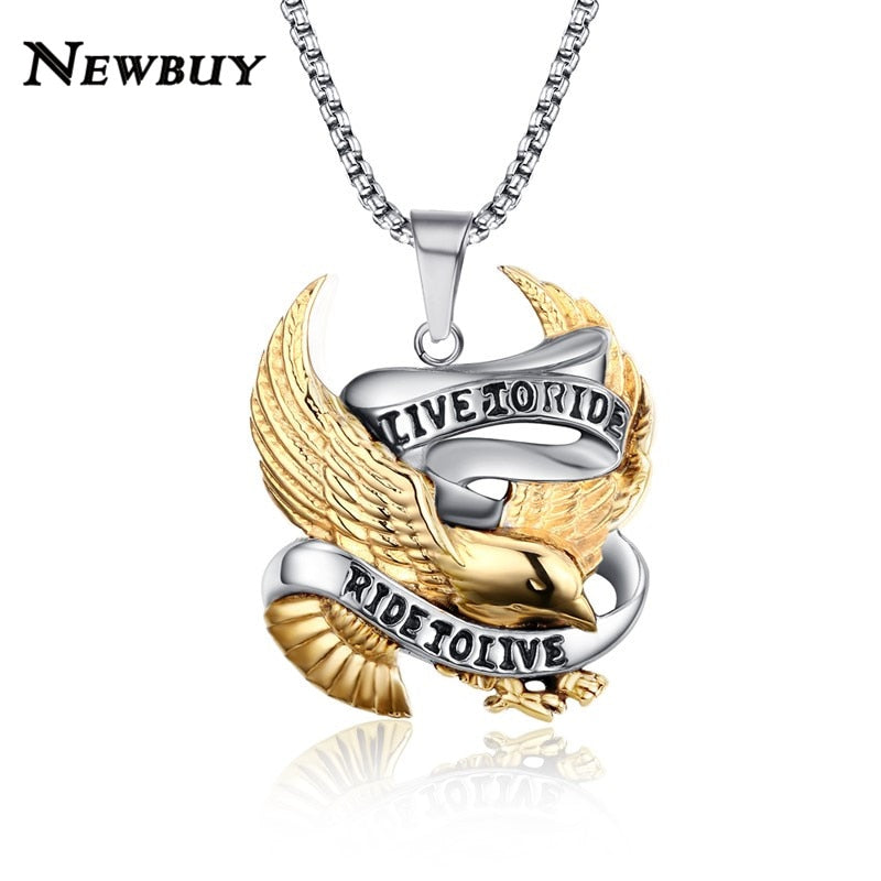 Stainless Steel Eagle Pendant Necklace For Men LIVE TO RIDE Link Chain Necklace Male Punk Jewelry Drops USA