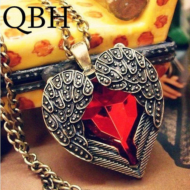 NK102 New Hot Fashion Long Vintage Red Gem Crystal Heart Angel Wing Long Chain Pendant Necklaces Jewelry Chain Accessories