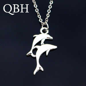 NK818 Punk Collier Collares Men Clavicle Vintage Silver Plated Double Dolphin Chain Pendant Necklace For Women Jewelry gift