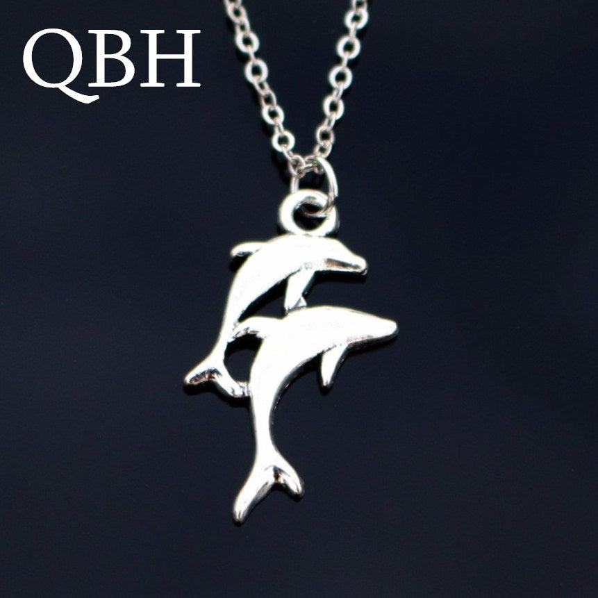 NK818 Punk Collier Collares Men Clavicle Vintage Silver Plated Double Dolphin Chain Pendant Necklace For Women Jewelry gift