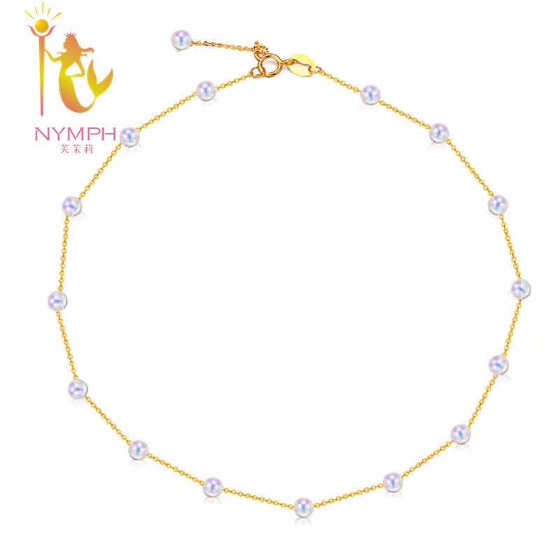 [NYMPH] Brand 18K Yellow gold fine pearl jewelry , Genuine round shape pearl necklace for party N03