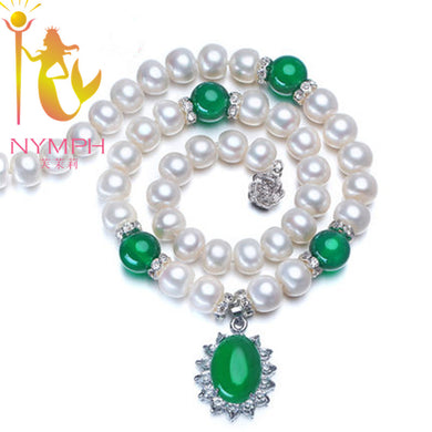 Pearl Necklace 9-10mm Genuine Pearl necklaces Fine Jewelry Green Agate For Women Trendy Gift X1004