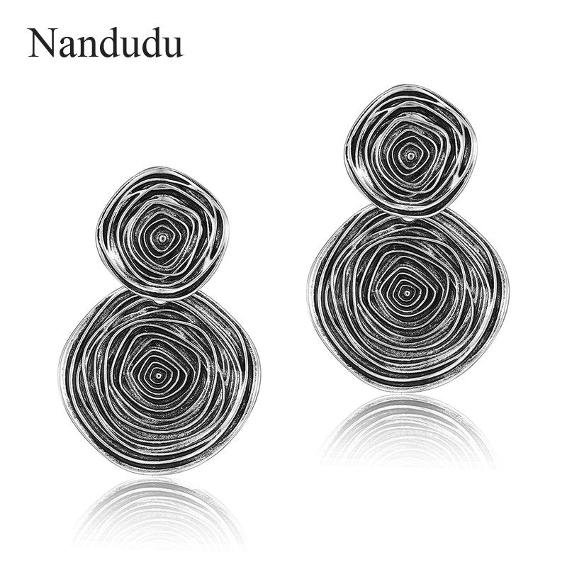 Double Round Dangle Earrings Thai Silver Black Circle Pattern Geometric Drop Earrings for Women Brincos Jewelry CE454