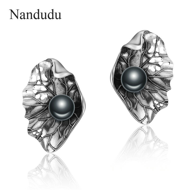 New Round Black Pearl Antique Earrings for Women Thai Silver Withered Leaves Punk Statement Earrings Brincos Gift CE475