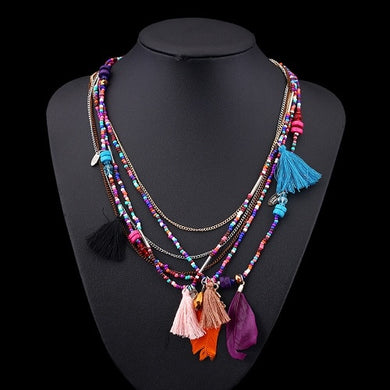 Bohemian Multi Color Feather Necklaces Beads Tassel Maxi Long Ethnic Chain Jewelry Statement Necklace For Women Collare