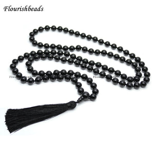 Natural 8mm Black Onyx Agate 108 Stone Round Beads Tassel Pendant Kontted Mala Prayer Necklace